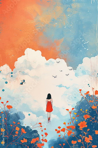 A painting of a girl walking across a patch of cloud.