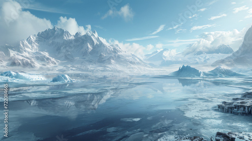 The frozen water on an island, in the style of matte painting. © imlane