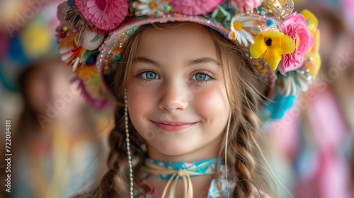 Young Girl Wearing Colorful Hat With Floral Accents