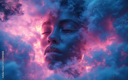 Face with dark sky-blue and light magenta clouds surrounding his face Generated by AI