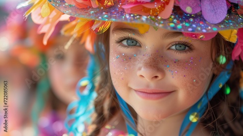 Young Girl Wearing Colorful Hat With Flower Embellishments