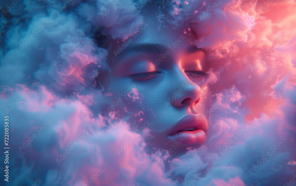 Face with dark sky-blue and light magenta clouds surrounding his face Generated by AI Face with dark sky-blue and light magenta clouds surrounding his face Generated by AI