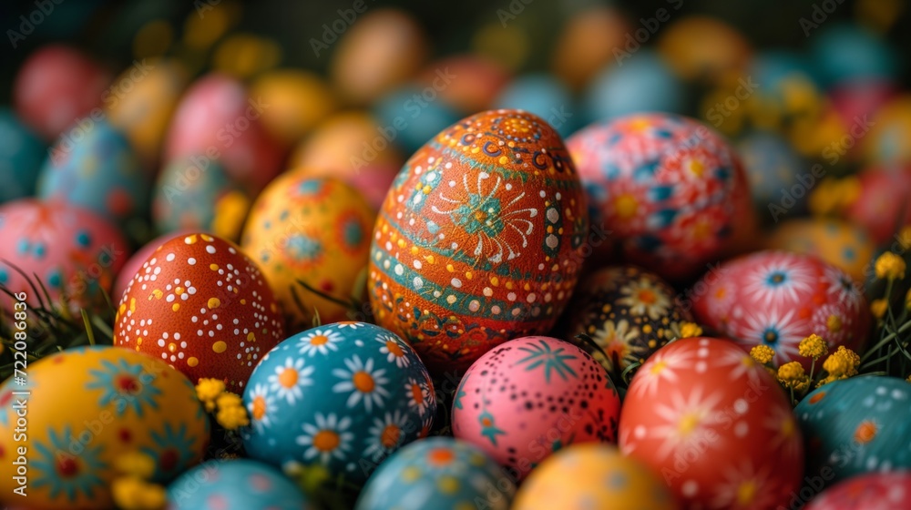Colorful Painted Eggs Piled in a Vibrant Stack Colorful Painted Eggs Piled in a Vibrant Stack