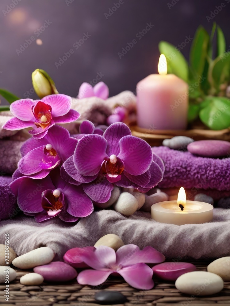 Beauty in Tranquility: Aromatherapy and Serenity Spa Escape with Massage Pebbles, Orchid Blooms, and the Soft Glow of Burning Candles