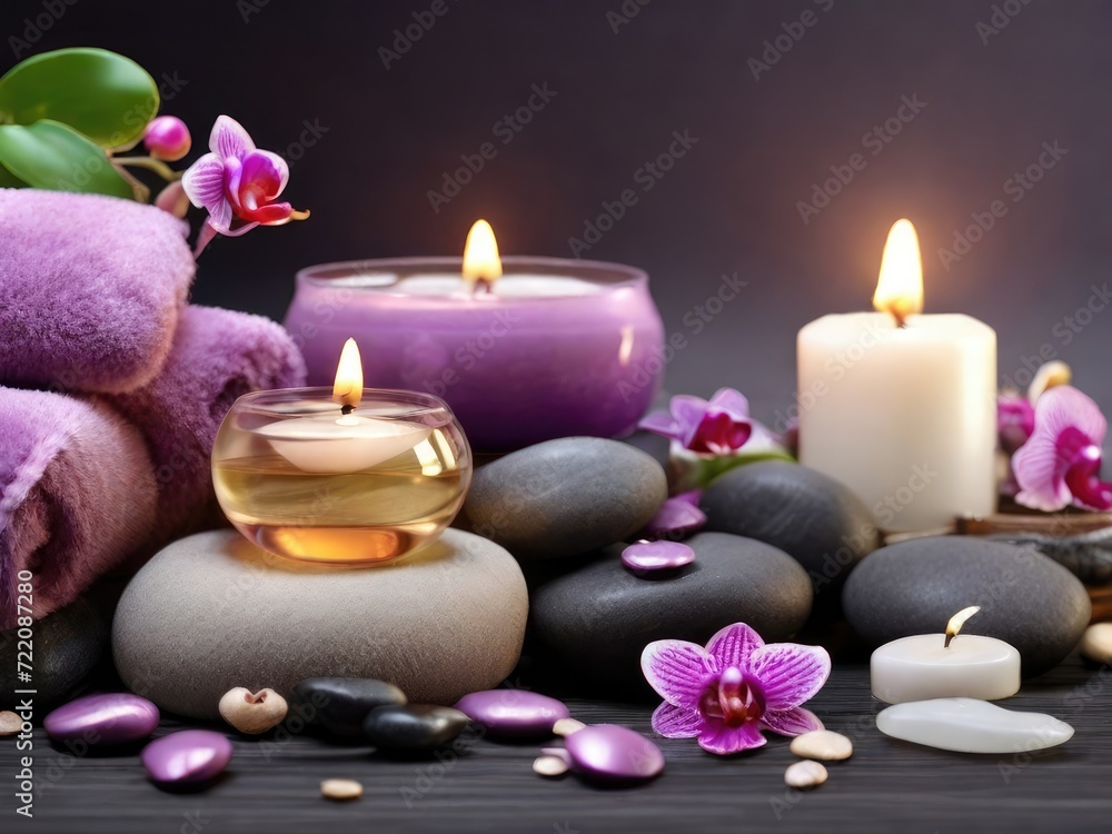 Beauty in Tranquility: Aromatherapy and Serenity Spa Escape with Massage Pebbles, Orchid Blooms, and the Soft Glow of Burning Candles Beauty in Tranquility: Aromatherapy and Serenity Spa Escape with Massage Pebbles, Orchid Blooms, and the Soft Glow of Burning Candles