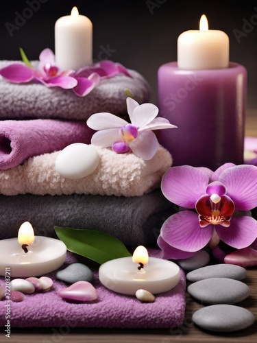Beauty in Tranquility  Aromatherapy and Serenity Spa Escape with Massage Pebbles  Orchid Blooms  and the Soft Glow of Burning Candles