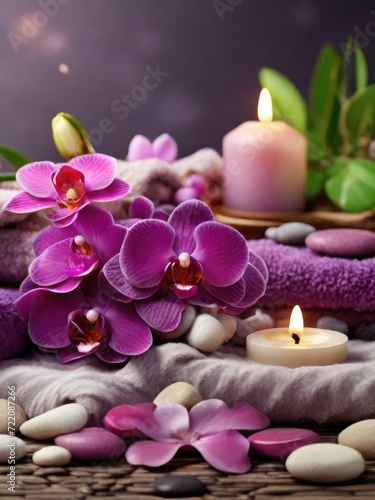 Beauty in Tranquility: Aromatherapy and Serenity Spa Escape with Massage Pebbles, Orchid Blooms, and the Soft Glow of Burning Candles