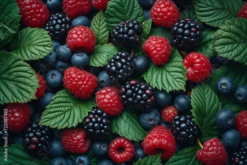 blackberries, raspberries and blueberries with leaves
