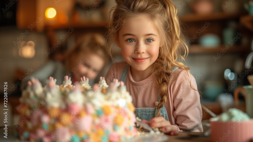 Little Girl Sitting at Table With Birthday Cake Little Girl Sitting at Table With Birthday Cake