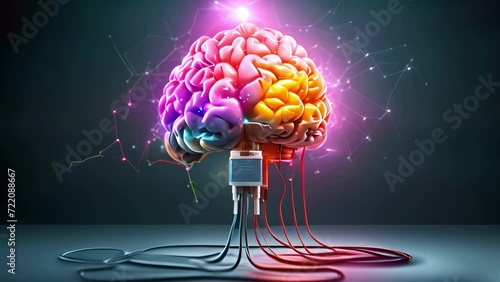 A  human brain with dynamic glowing electric currents cables connected to wire with plug. Dopamine fasting mental health digital detox concept photo