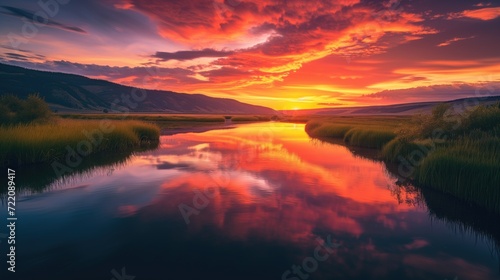 Beautiful landscape with sunset or sunrise river valley dawn or dusk over the peaceful calm still waters and purple and yellow sky horizon reflecting with clouds © NickArt