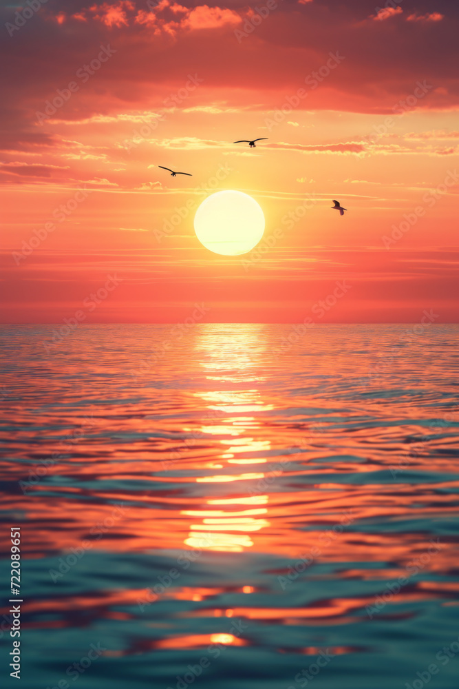 The sun sets over a vast and serene ocean.