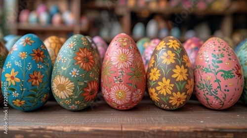 Row of Painted Eggs on Wooden Table
