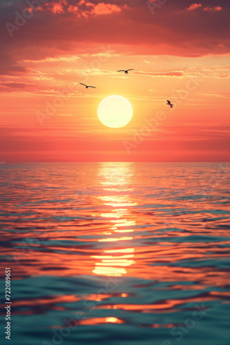 The sun sets over a vast and serene ocean. © imlane