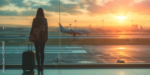 Young woman with a suitcase at the airport. Travel and vacation concept.