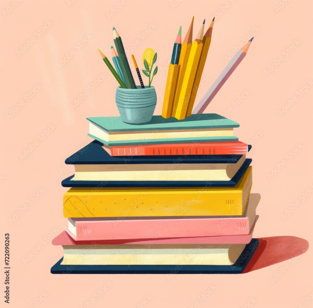 Fototapeta premium colorful stack of books, with plants and pen on the white background. a pile of books and a flower