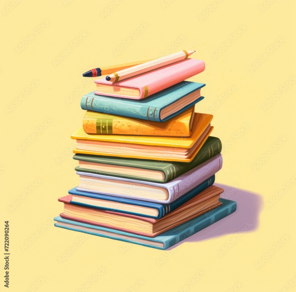 colorful stack of books, with plants and pen on the white background. a pile of books and a flower colorful stack of books, with plants and pen on the white background. a pile of books and a flower