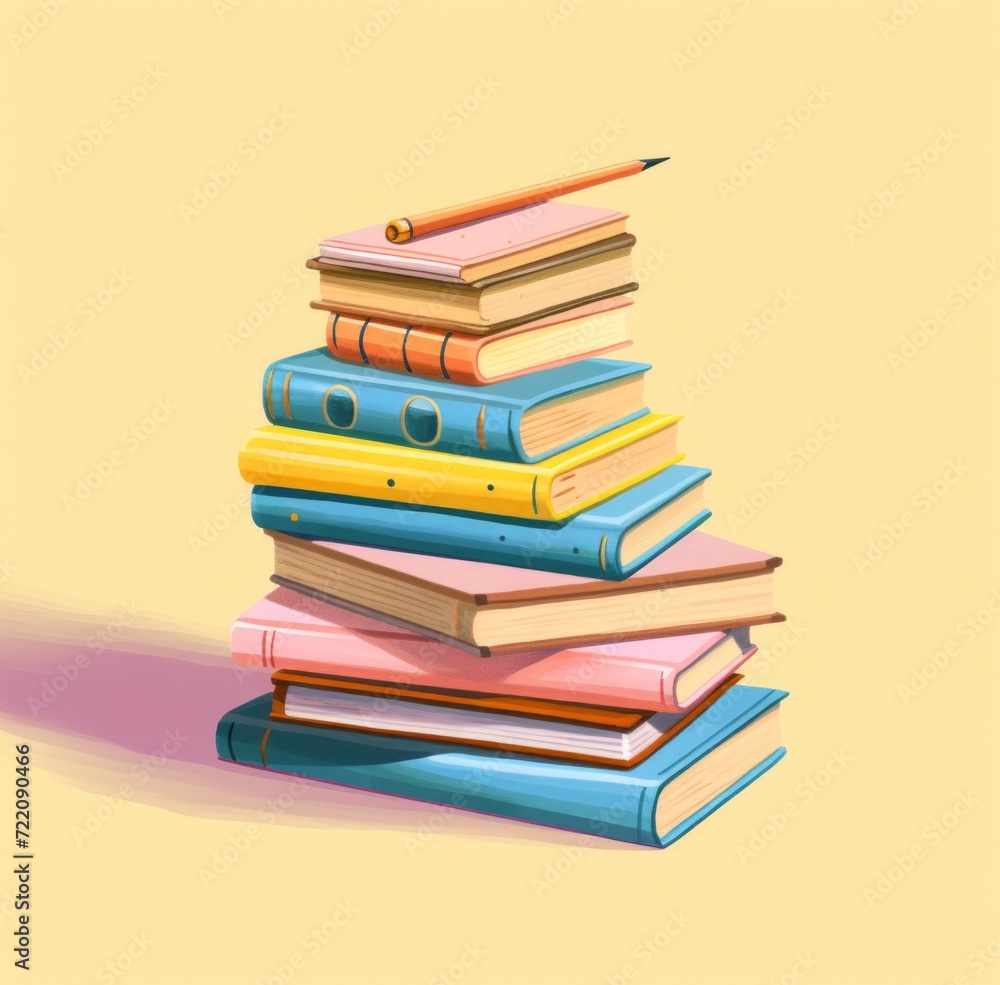 colorful stack of books, with plants and pen on the white background. a pile of books and a flower colorful stack of books, with plants and pen on the white background. a pile of books and a flower