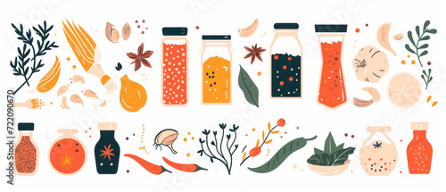 Vector Illustration Assorted Herbs and Spices in Stylish Kitchen Bottles photo