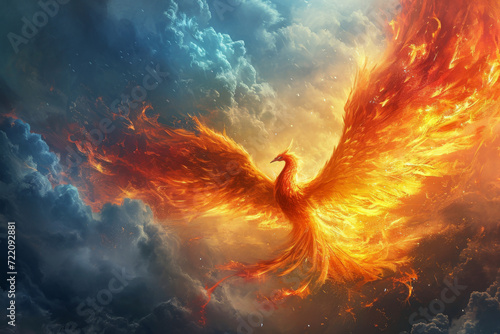 A beautiful colored painting of the phoenix rising in the sky.
