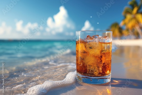 glass of lemonade with ice on sea background