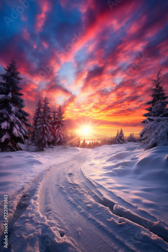 Photo of sunrise over snowy roads. © imlane