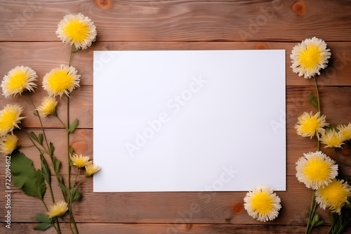 Blank floral mockup of white sheet of paper with dandelion flowers for wedding, birthday invitation or save date card with copy space, top view