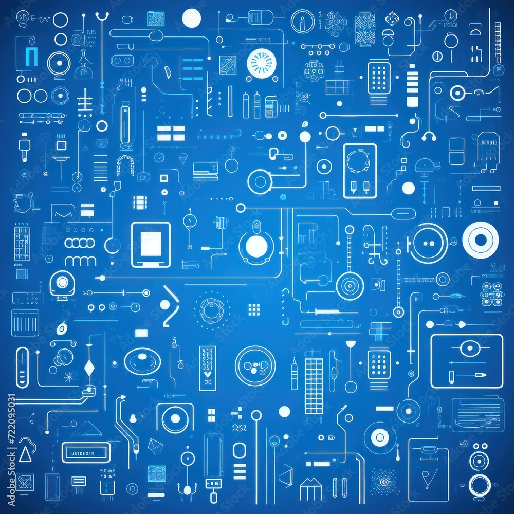 Electric blue abstract technology background using tech devices and icons
