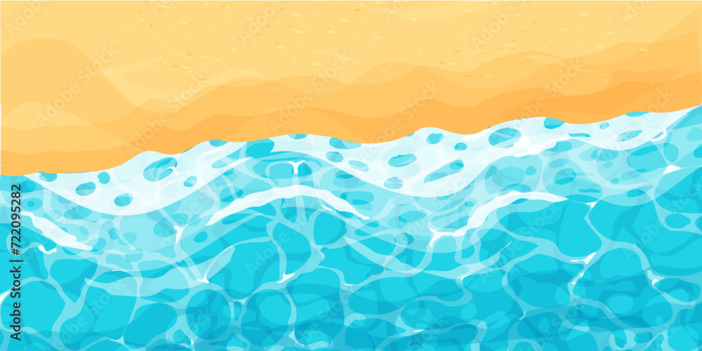 Fototapeta premium Beach with sand water ripple surface with sunlight reflections in cartoon style, game texture top view. Beach, ocean clean and deep water.