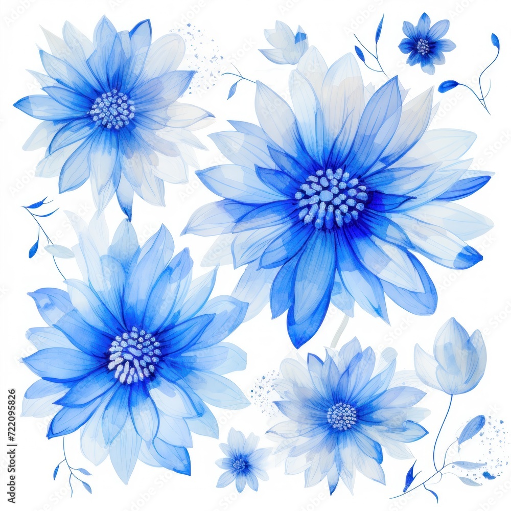 Electric blue several pattern flower, sketch, illust, abstract watercolor, flat design, white background