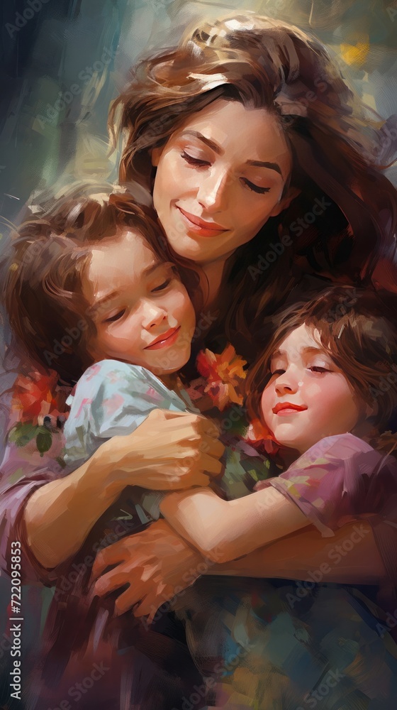 Close up portrait of lovely, charming daughters and their mother hugging over blurred background, embracing with mum, close eyes, leisure, holidays, weekend, comfort, mother, women's day