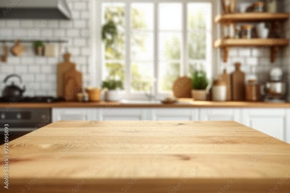 Wood table top on blurred kitchen background. can be used mock up for montage products display or design layout. generative ai. Wood table top on blurred kitchen background. can be used mock up for montage products display or design layout. generative ai.