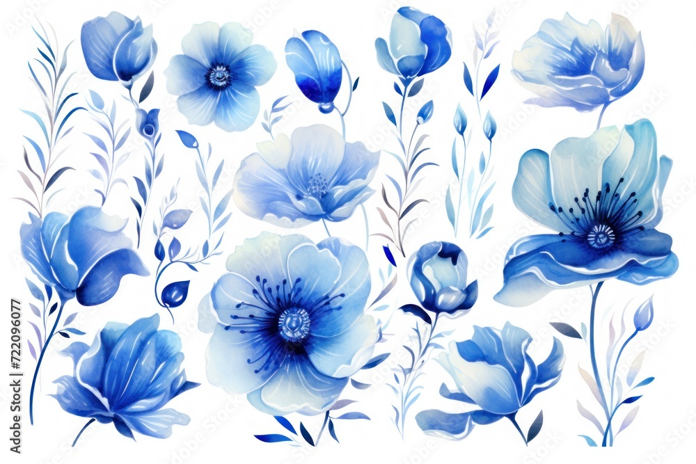Electric blue several pattern flower, sketch, illust, abstract watercolor, flat design, white background
