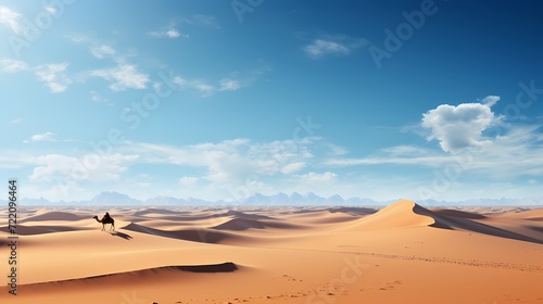 Timeless desert panorama with a solitary camel caravan crossing the vast sandy expanse under a clear blue sky
