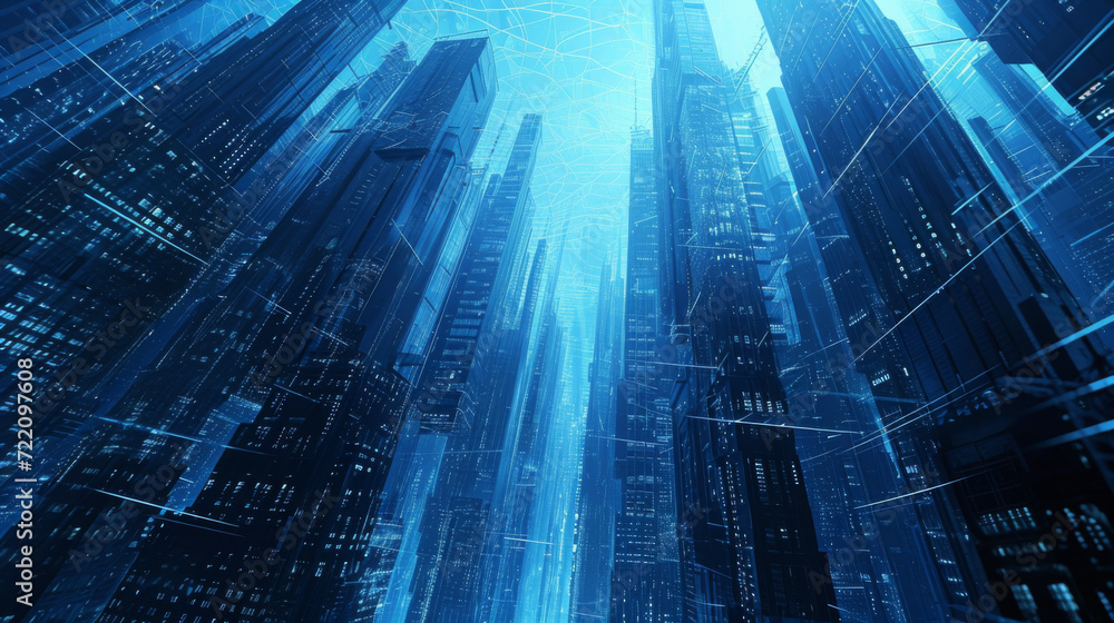 Incity blue digital wallpaper with futuristic buildings