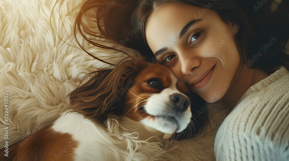Young woman lying on her stomach with her pet dog, woman holding her pet dog smiling happily. a woman laying on a white blanket with her dog. Young woman lying on her stomach with her pet dog, woman holding her pet dog smiling happily. a woman laying on a white blanket with her dog.