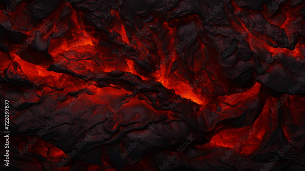 Molten lava flows with intense heat creating a dynamic and textured red and black landscape, nature concept - obrazy, fototapety, plakaty 