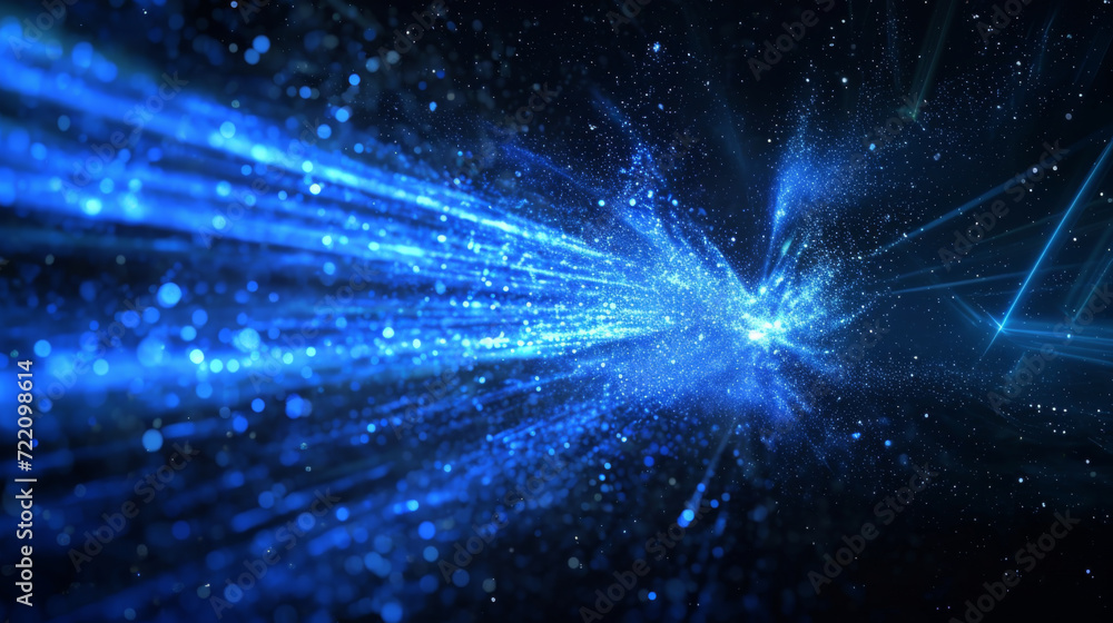 Fototapeta premium Blue light from a laser fires out of the black background.