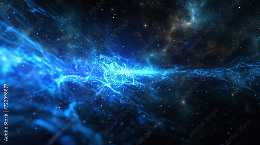 Fototapeta premium Blue light from a laser fires out of the black background.