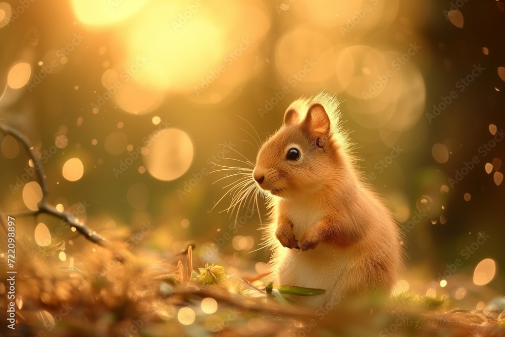 Fluffy red squirrel in the forest, a pretty little rodent Fluffy red squirrel in the forest, a pretty little rodent
