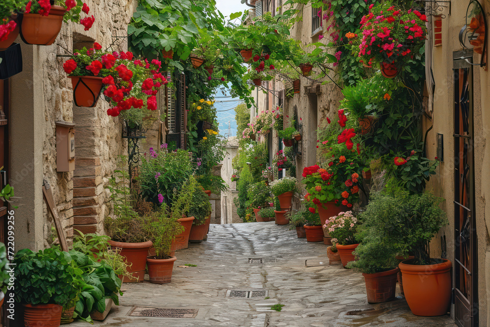 Enchanting Medieval Village: A Delightful Blend of History, Architecture, and Vibrant Blooms on an Old Narrow Street in Provence, France