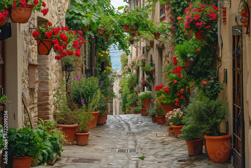 Enchanting Medieval Village: A Delightful Blend of History, Architecture, and Vibrant Blooms on an Old Narrow Street in Provence, France © VICHIZH