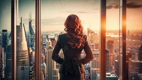 Successful businesswoman looking out of window at big city view. Business woman standing alone at modern downtown high-rises photo