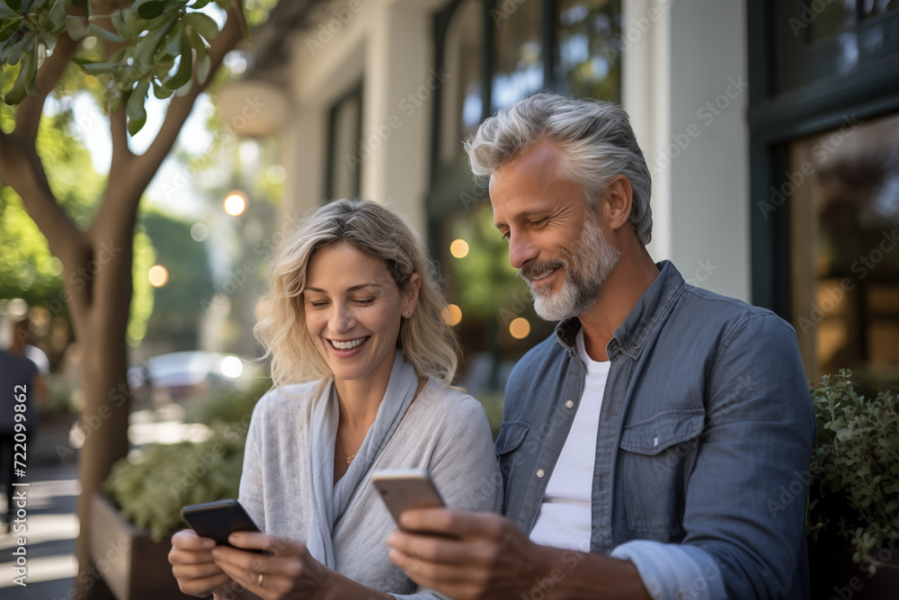 Adult couple at outdoors using mobile phone Adult couple at outdoors using mobile phone
