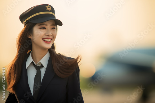 Young pretty Chinese woman at outdoors airplane stewardess