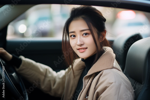 Young pretty Chinese woman at outdoors inside a car
