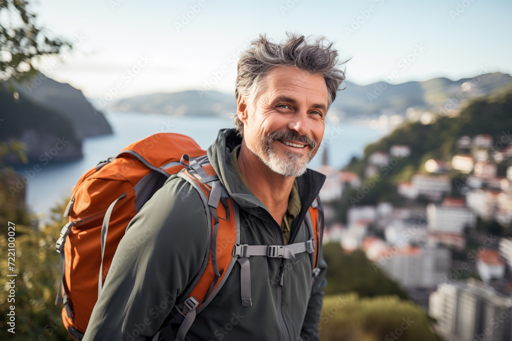 Middle aged man in the middle of the city with mountaineer backpack Middle aged man in the middle of the city with mountaineer backpack