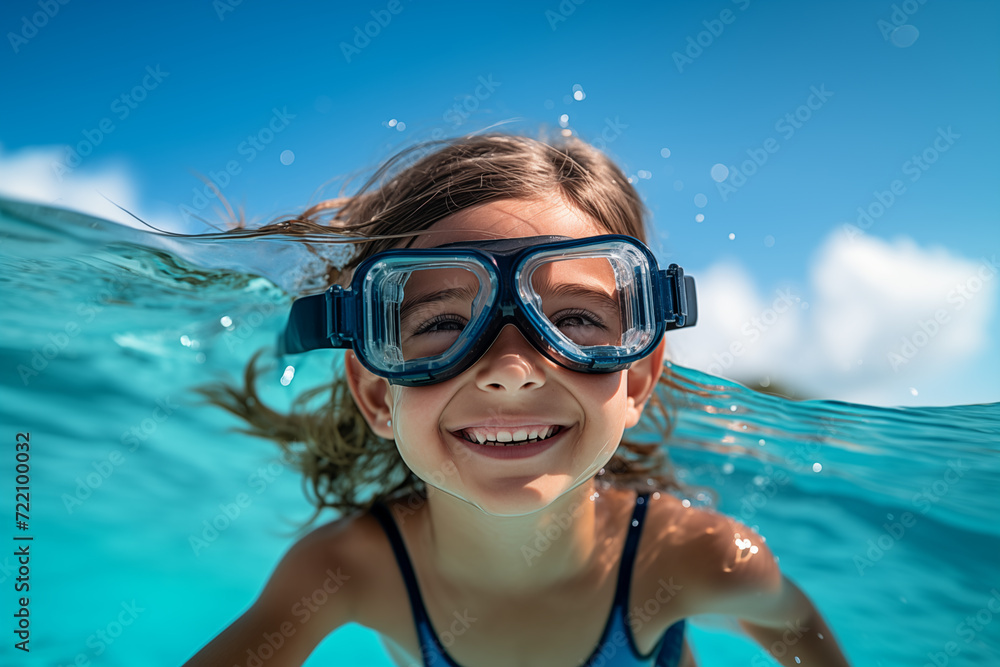 Fototapeta premium Cute little caucasian girl at outdoors with diving goggles