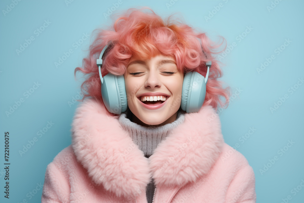 Young pink haired woman over isolated colorful background in winter clothes