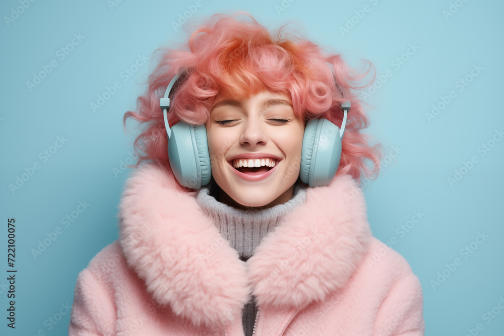 Fototapeta premium Young pink haired woman over isolated colorful background in winter clothes